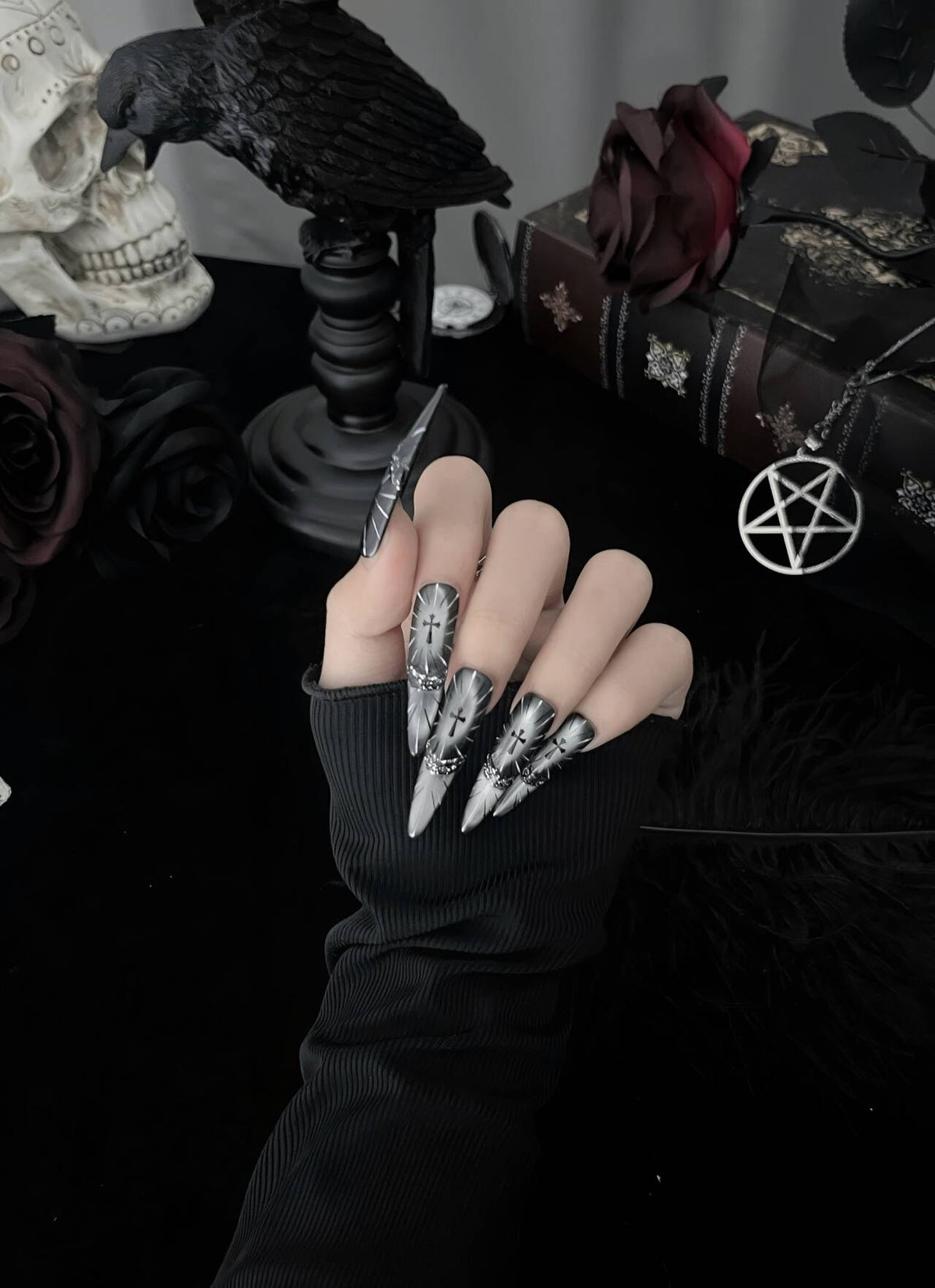 Crow & Co. — Raven’s Choir: Cathedral Cross & Sacred Spine Handcrafted Gothic Press-On Nails