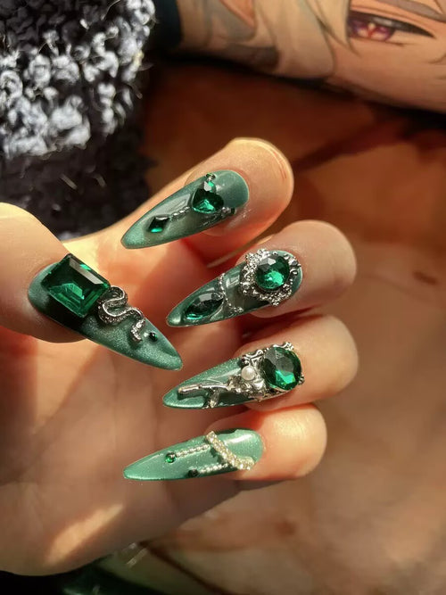 Crow & co. — Emerald Empress: Baroque Serpent & Gem Handcrafted Gothic Press-On Nails