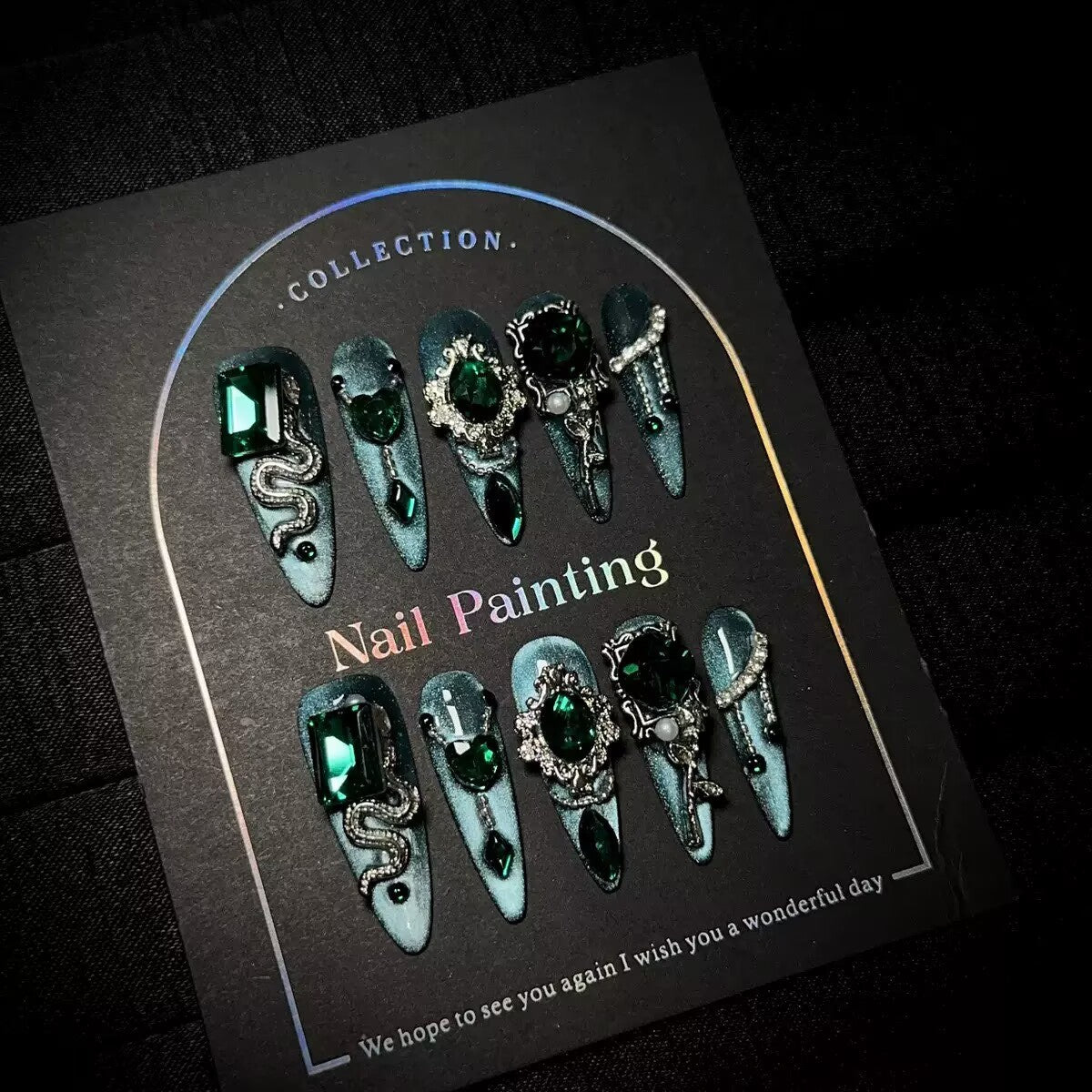 Crow & co. — Emerald Empress: Baroque Serpent & Gem Handcrafted Gothic Press-On Nails