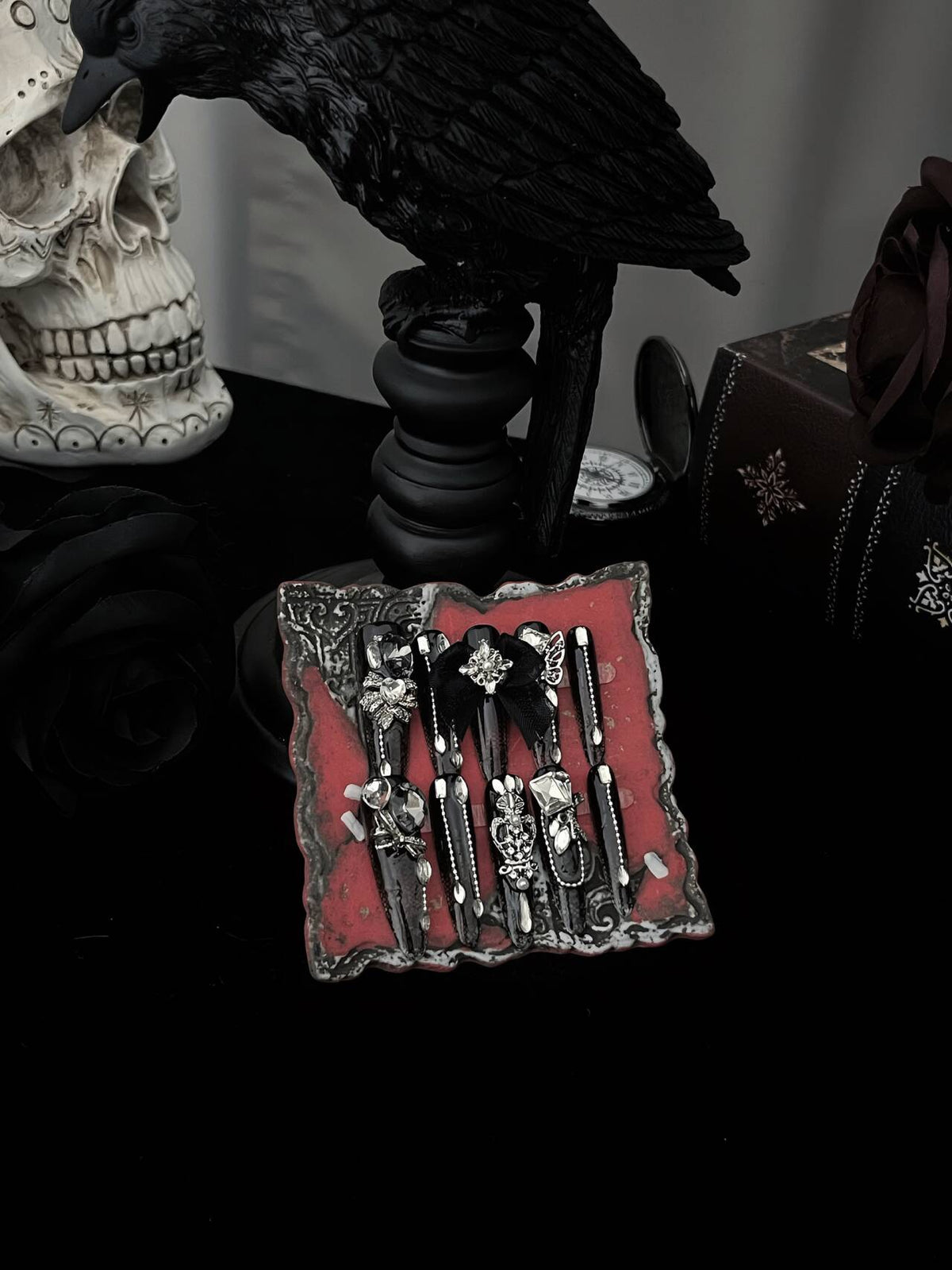 Crow & Co. — Black Dahlia: Vintage Gothic Lace & 3D Tulle Butterfly Handcrafted Press-On Nails
