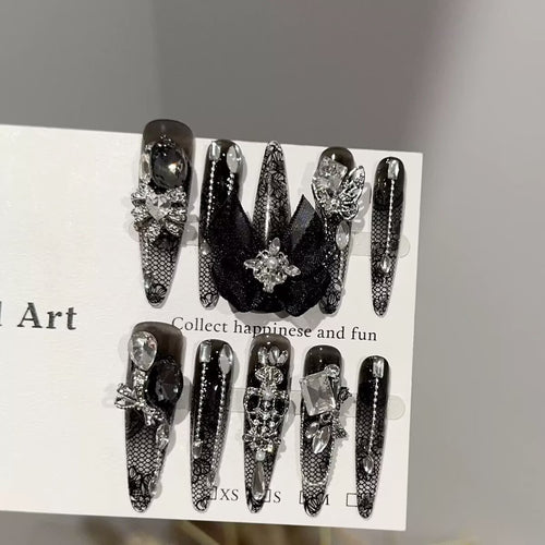 Crow & Co. — Black Dahlia: Vintage Gothic Lace & 3D Tulle Butterfly Handcrafted Press-On Nails