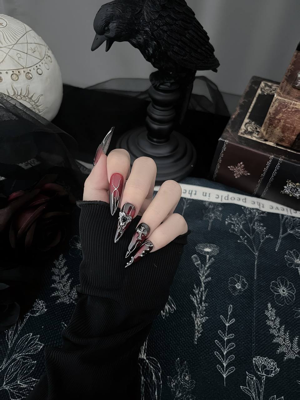 Crow & Co. — Blood Oath: Dark Gothic Blood‑Red Gradient Cross Handcrafted Press‑On Nails