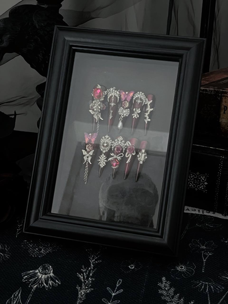 Crow & Co. — Crimson Veil: Vintage Gothic Rose & Butterfly 3D Crystal Handcrafted Press‑On Nails