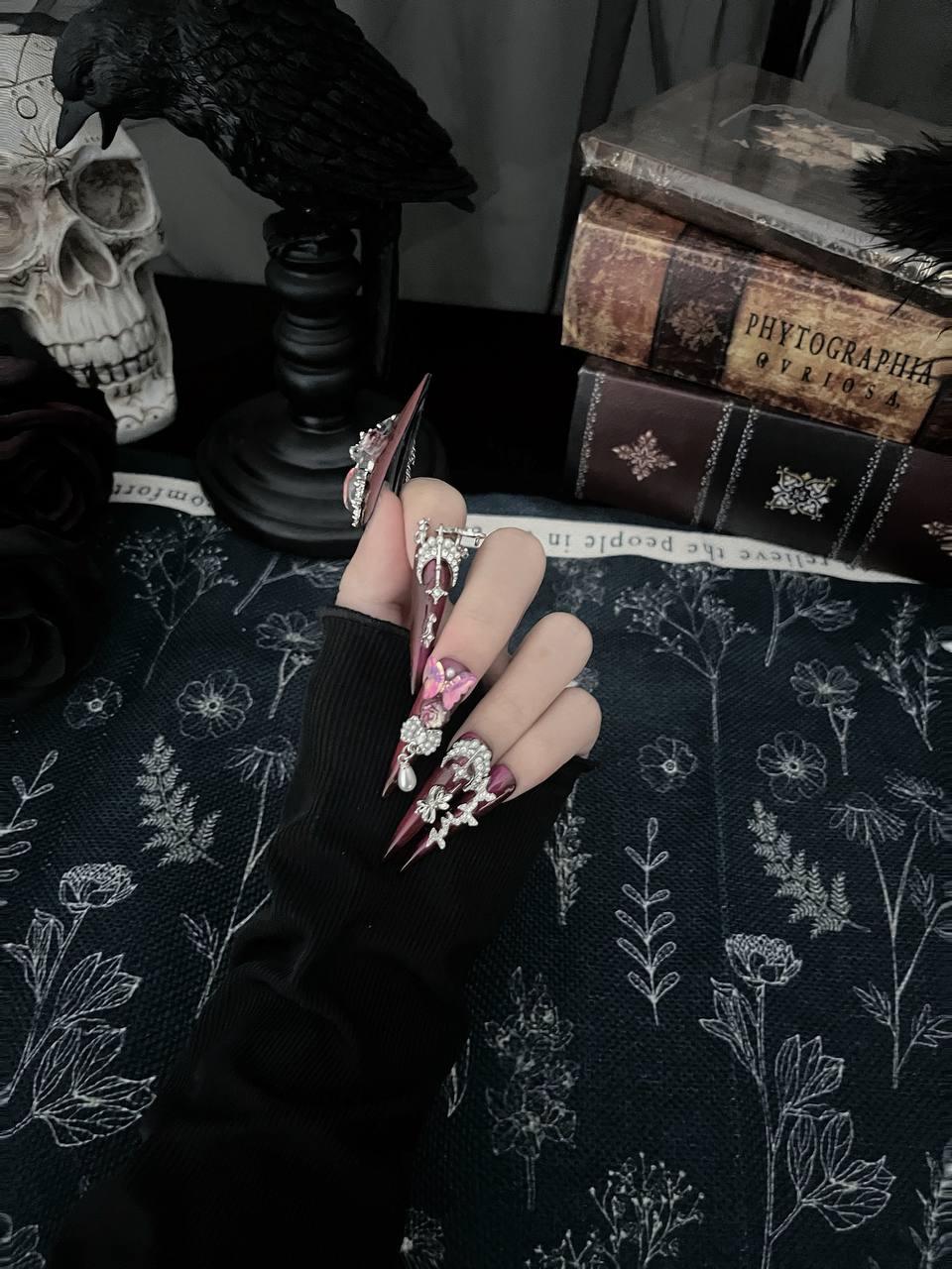 Crow & Co. — Crimson Veil: Vintage Gothic Rose & Butterfly 3D Crystal Handcrafted Press‑On Nails