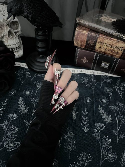 Crow & Co. — Crimson Veil: Vintage Gothic Rose & Butterfly 3D Crystal Handcrafted Press‑On Nails