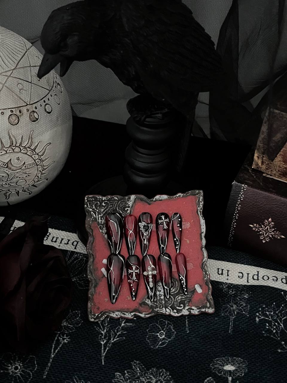 Crow & Co. — Blood Oath: Dark Gothic Blood‑Red Gradient Cross Handcrafted Press‑On Nails